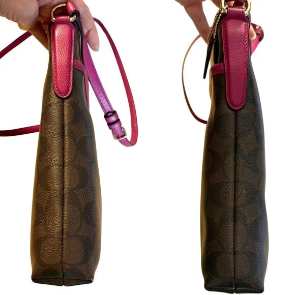Coach Signature Crossbody File Bag Brown Black Cranberry Pink Leather Trim Gold